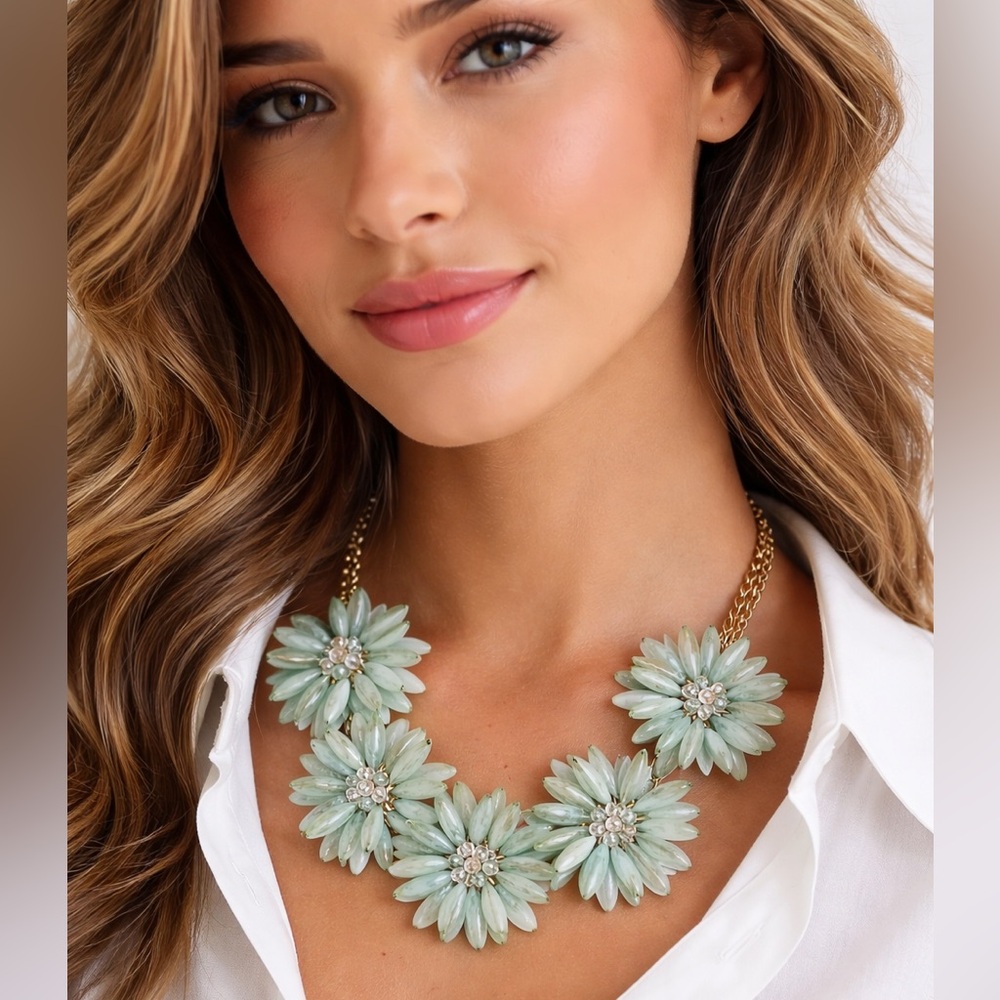 Anthropology Floral Statement Necklace in Mint Green